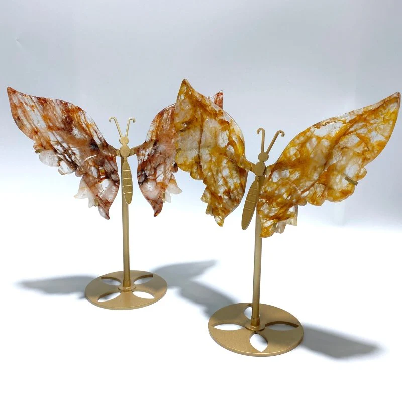 2 Pairs Fire Quartz Butterfly Wing Carving With Stand
