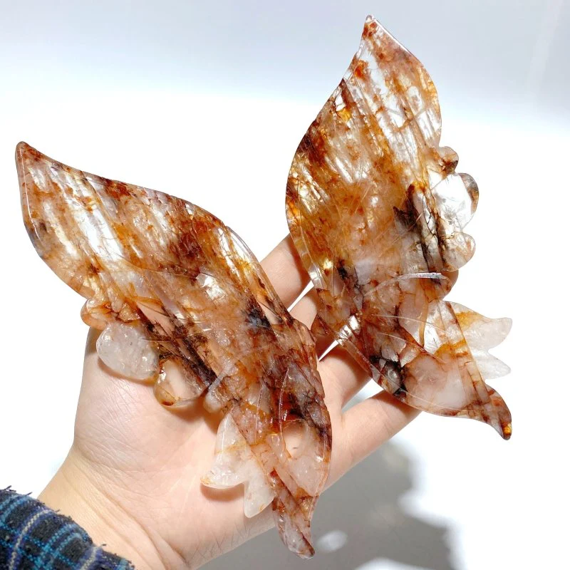 2 Pairs Fire Quartz Butterfly Wing Carving With Stand - Image 6