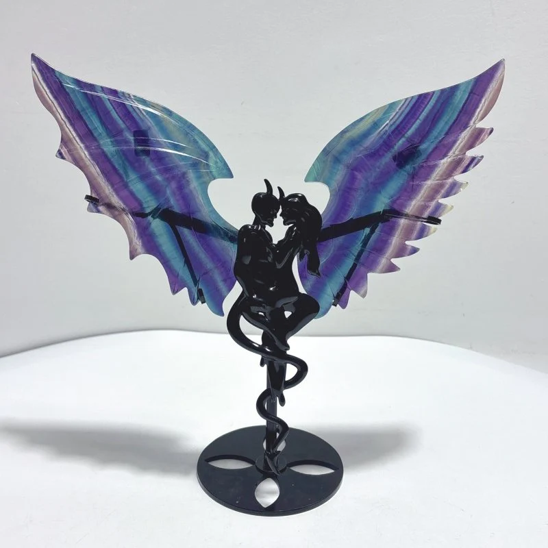 Fluorite Angel And Demons Wing Carving With Stand