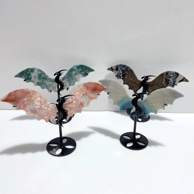 4 Pairs Flying Dragon Wing With Stand Moss Agate Trolleite Stone Pink Agate