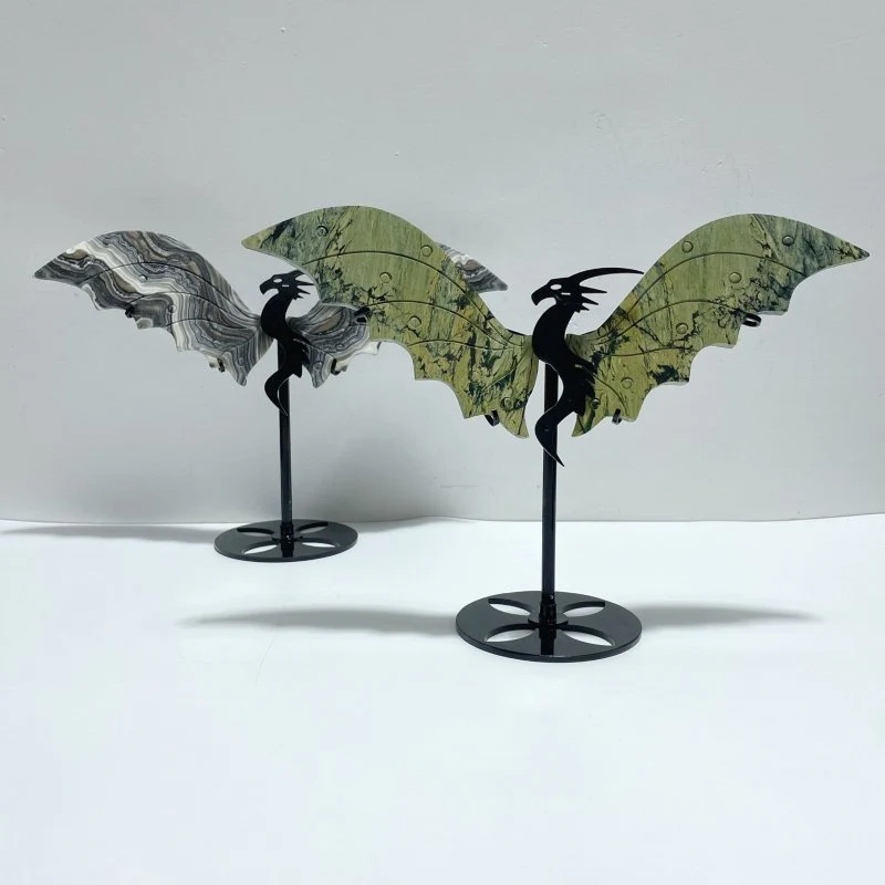 2 Pairs Flying Dragon Wing With Stand Grey Calcite Green Jade