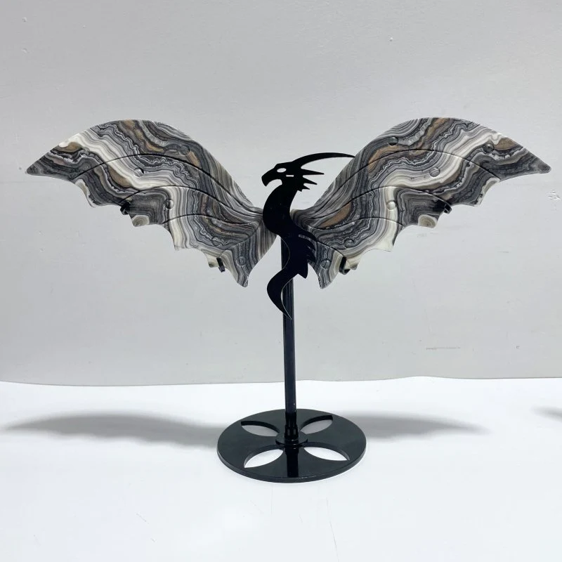 2 Pairs Flying Dragon Wing With Stand Grey Calcite Green Jade - Image 2