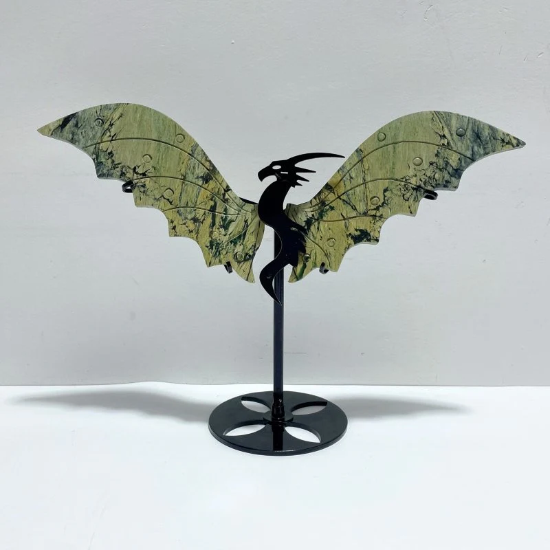 2 Pairs Flying Dragon Wing With Stand Grey Calcite Green Jade - Image 4