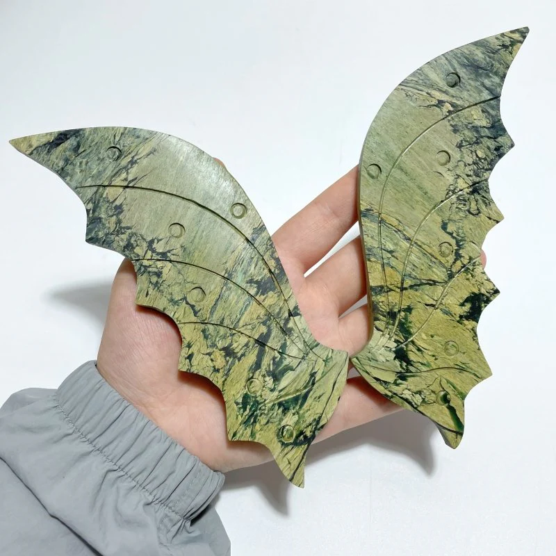 2 Pairs Flying Dragon Wing With Stand Grey Calcite Green Jade - Image 5