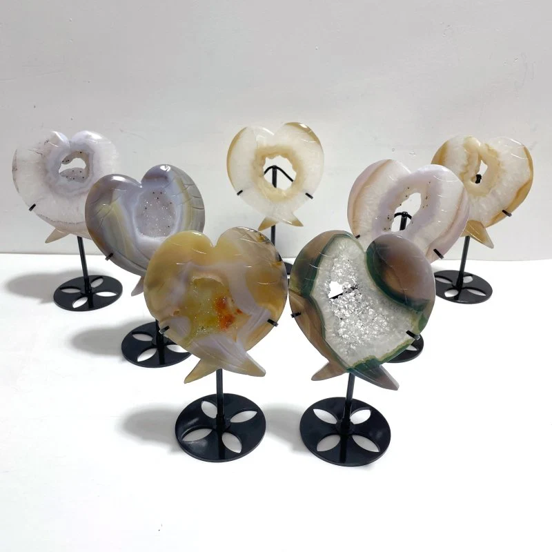 7 Pieces Geode Druzy Agate Fish Carving With Stand