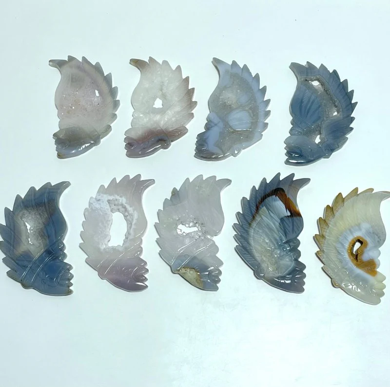 9 Pieces Geode Druzy Agate Indian Feathers Carving