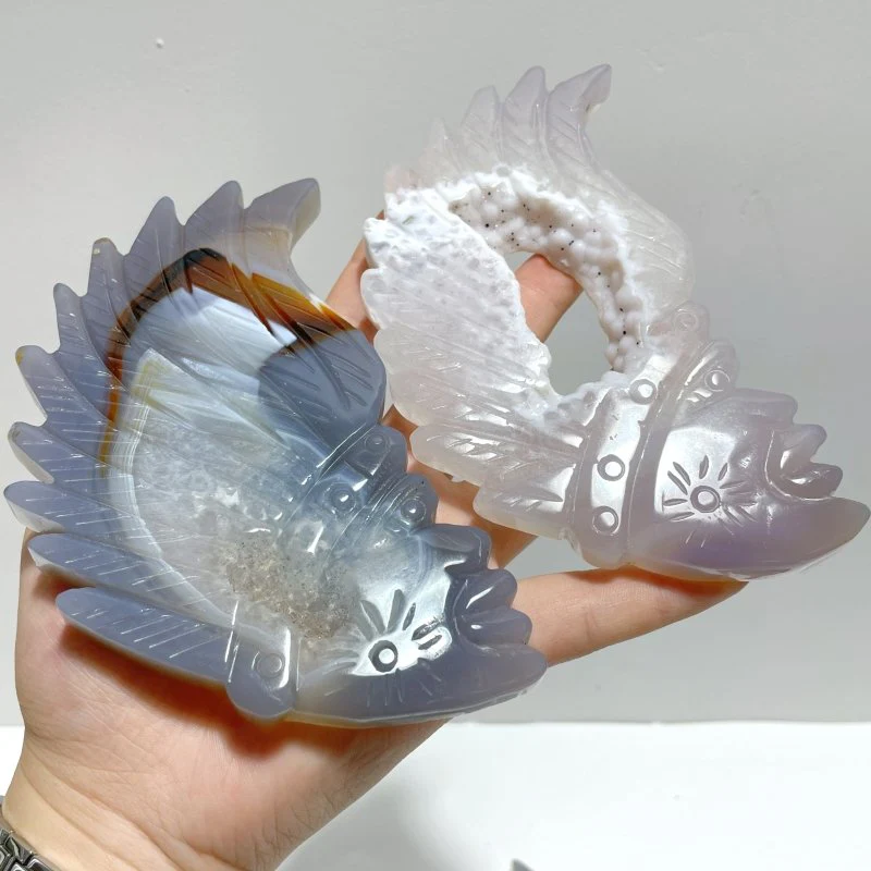 9 Pieces Geode Druzy Agate Indian Feathers Carving - Image 7