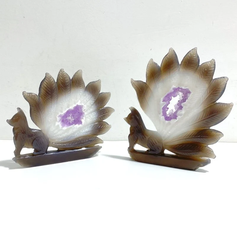 2 Pieces Geode Druzy Agate Nine-tailed Foxes Carving #2