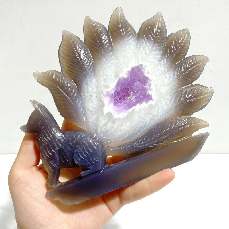 2 Pieces Geode Druzy Agate Nine-tailed Foxes Carving #2 - Image 5