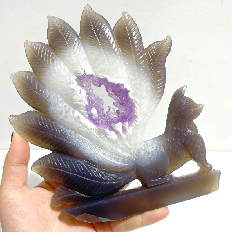 2 Pieces Geode Druzy Agate Nine-tailed Foxes Carving #2 - Image 6