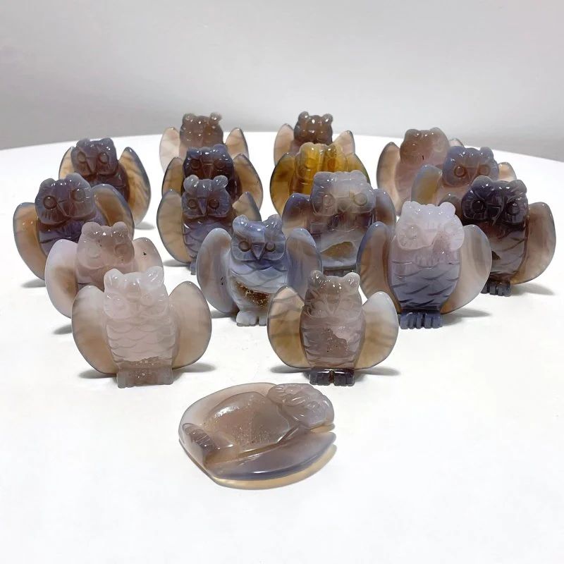 17 Pieces Geode Druzy Agate Owl Carving