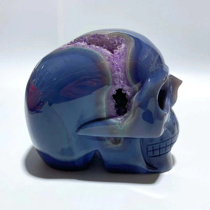 Large Geode Druzy Agate Skull Crystal Carving - Image 2