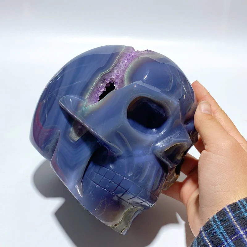 Large Geode Druzy Agate Skull Crystal Carving - Image 4