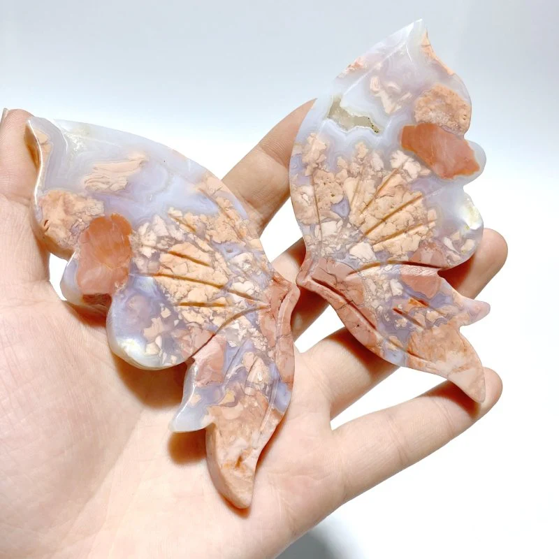 5 Pairs Pink Agate Butterfly Wing Carving With Stand - Image 3