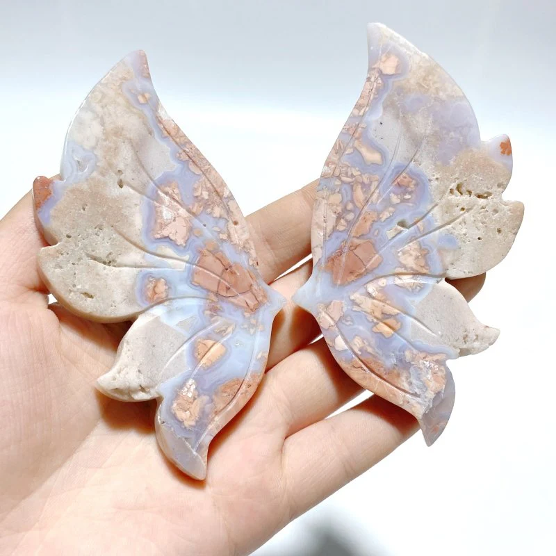 5 Pairs Pink Agate Butterfly Wing Carving With Stand - Image 4
