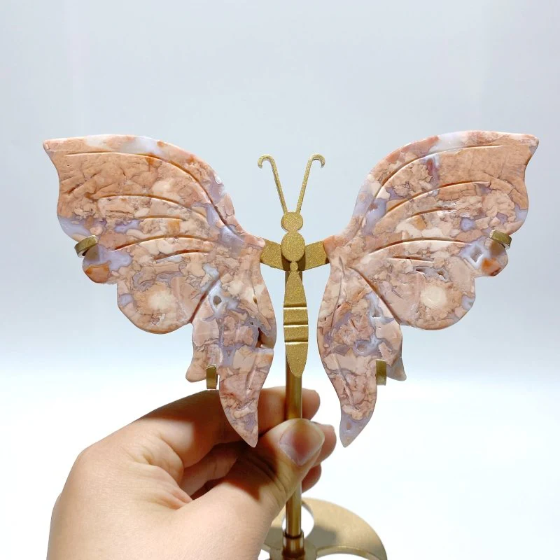 5 Pairs Pink Agate Butterfly Wing Carving With Stand - Image 5