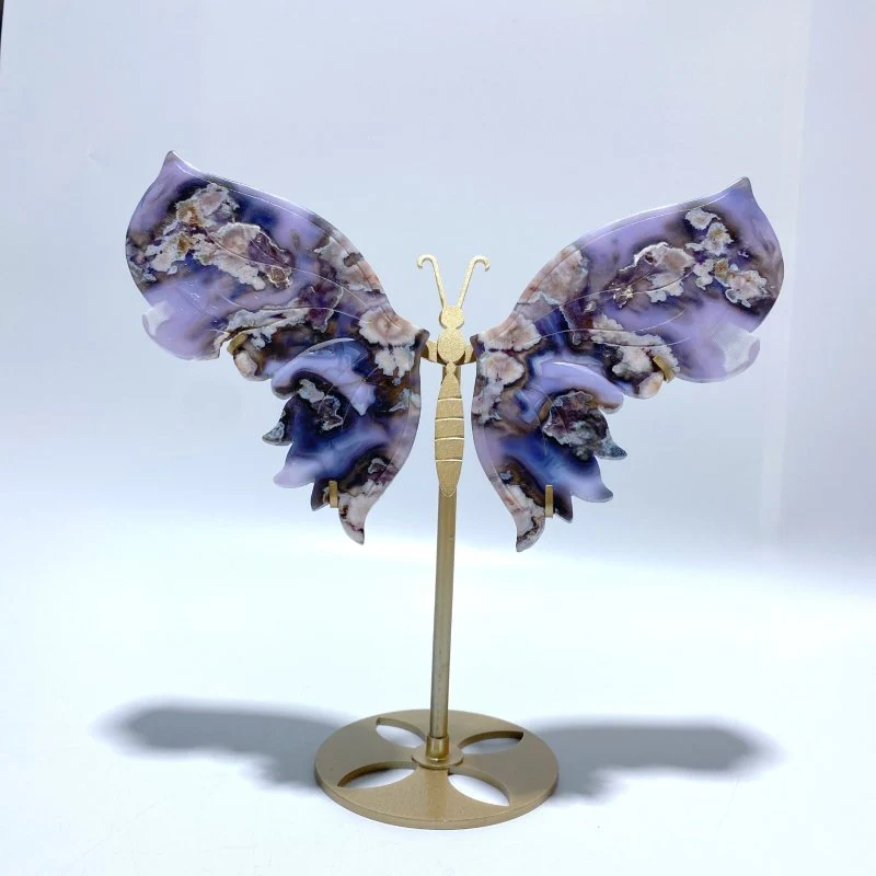 Unique Purple Sakura Flower Agate Butterfly Wing Carving With Stand