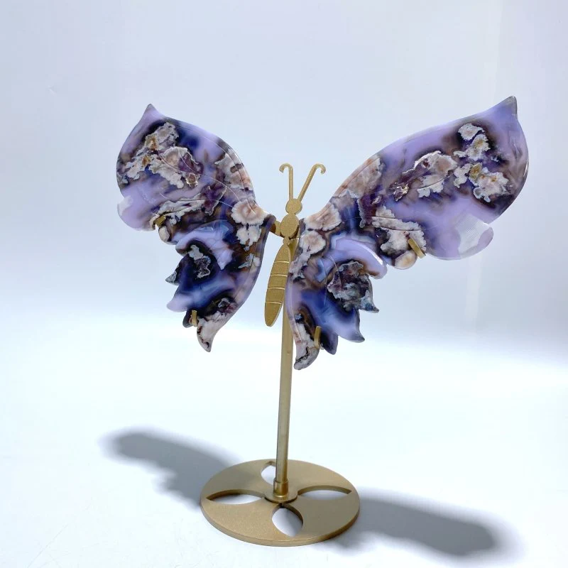 Unique Purple Sakura Flower Agate Butterfly Wing Carving With Stand - Image 4