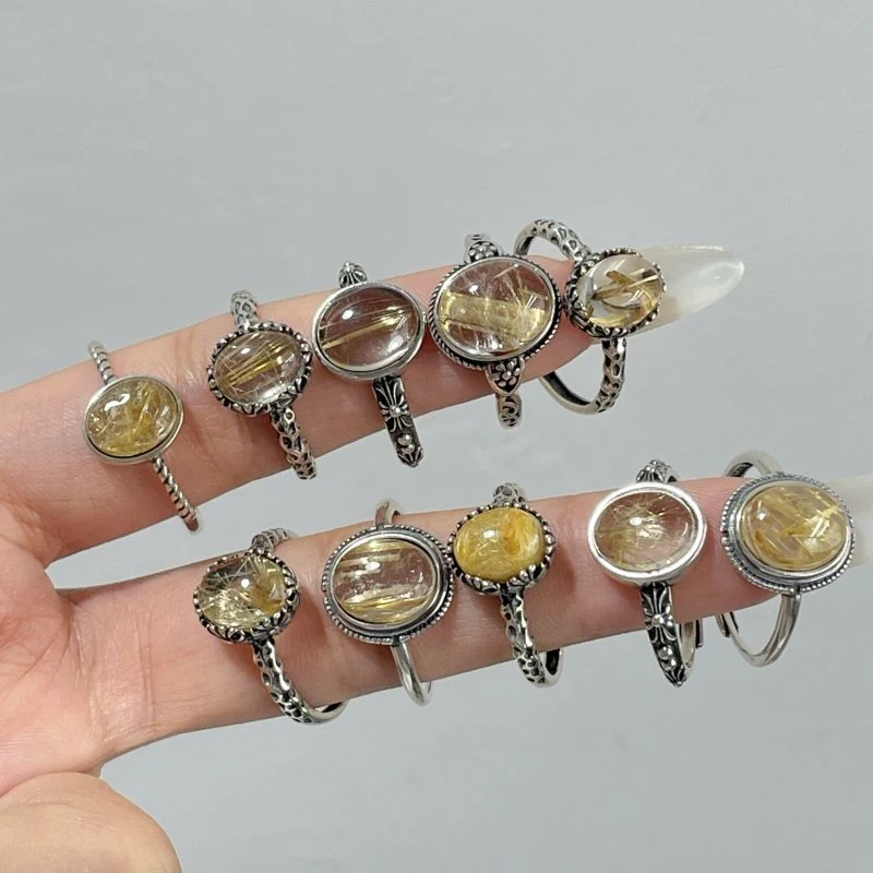 10 Pieces Gold Rutile Quartz Different Styles Sterling Silver Ring