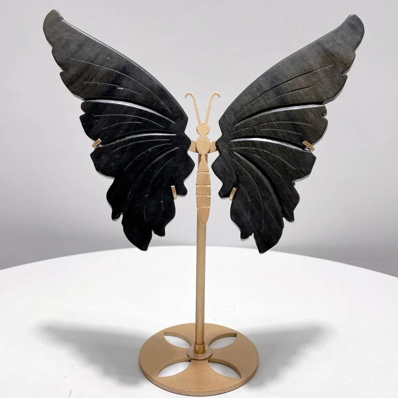 Gold Sheen Obsidian Butterfly Wing Carving With Stand