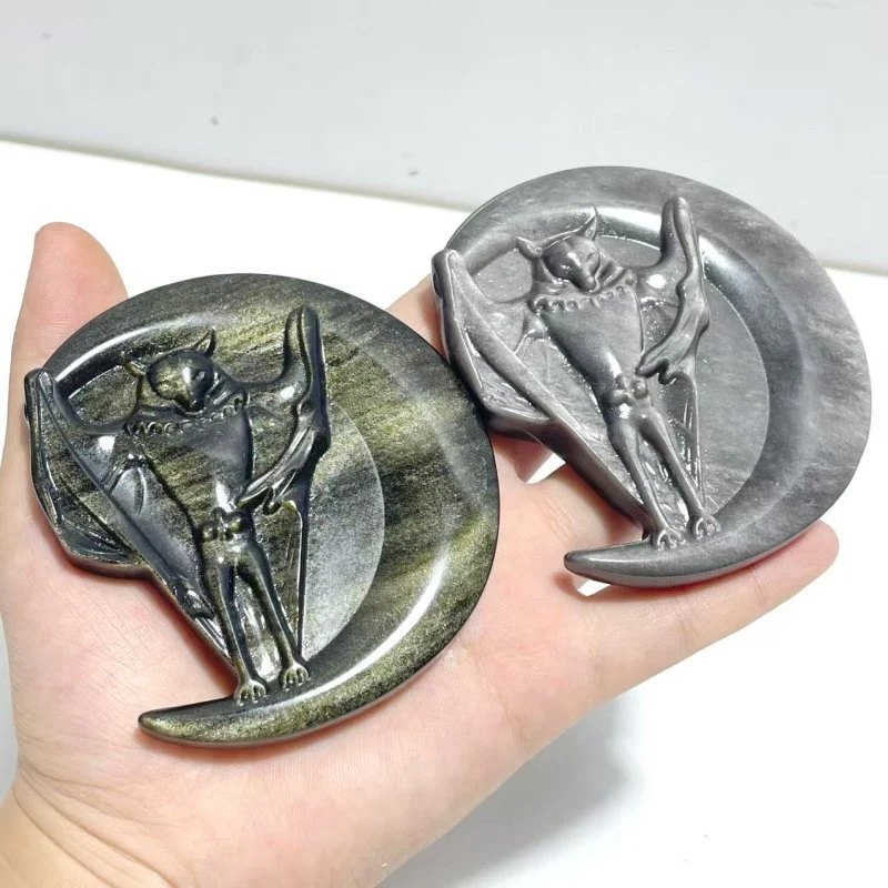 Gold Sheen Obsidian Silver Sheen Obsidian Moon Bat Halloween Carving Wholesale - Image 3
