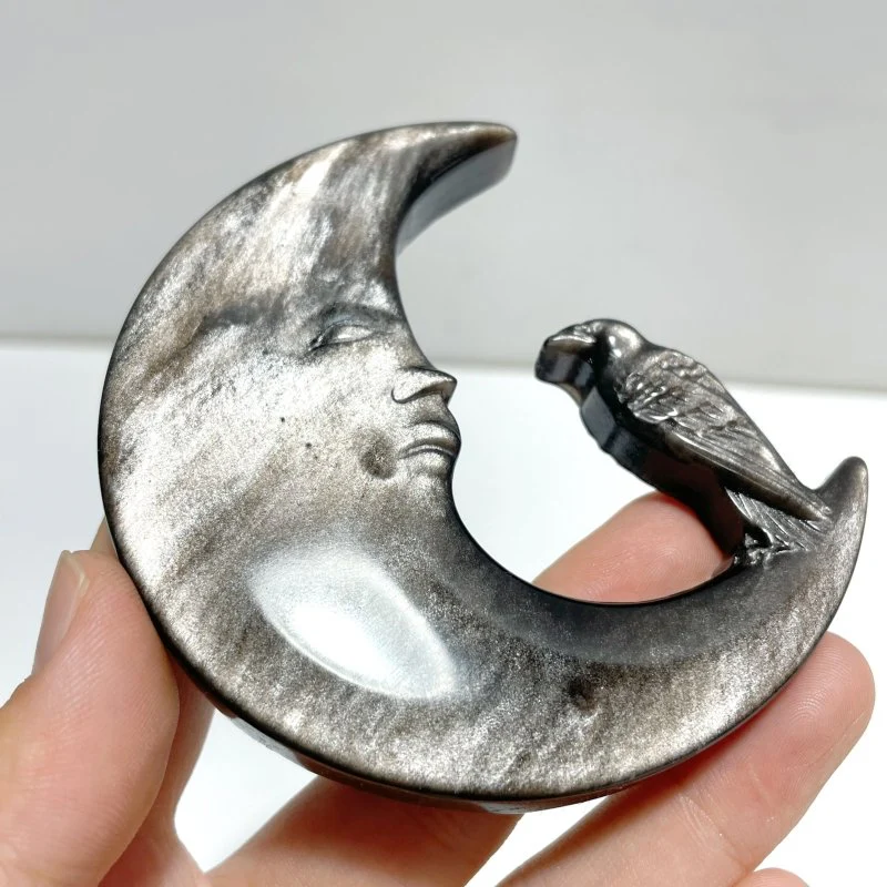 Gold Sheen Obsidian Silver Sheen Obsidian Moon Face Crow Carving Wholesale