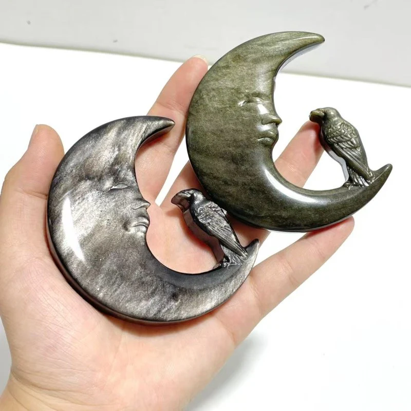 Gold Sheen Obsidian Silver Sheen Obsidian Moon Face Crow Carving Wholesale - Image 3