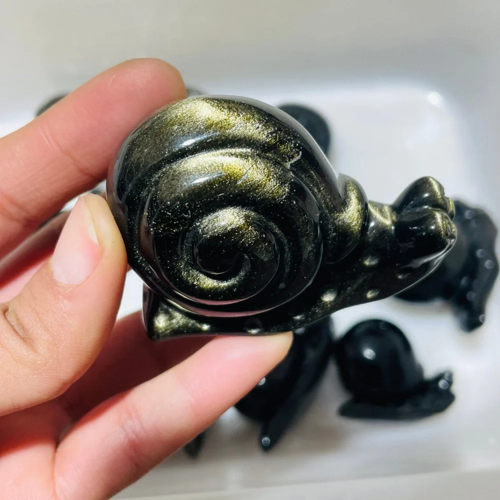 12 Pieces Gold Sheen Obsidian Snails Carving - Image 3