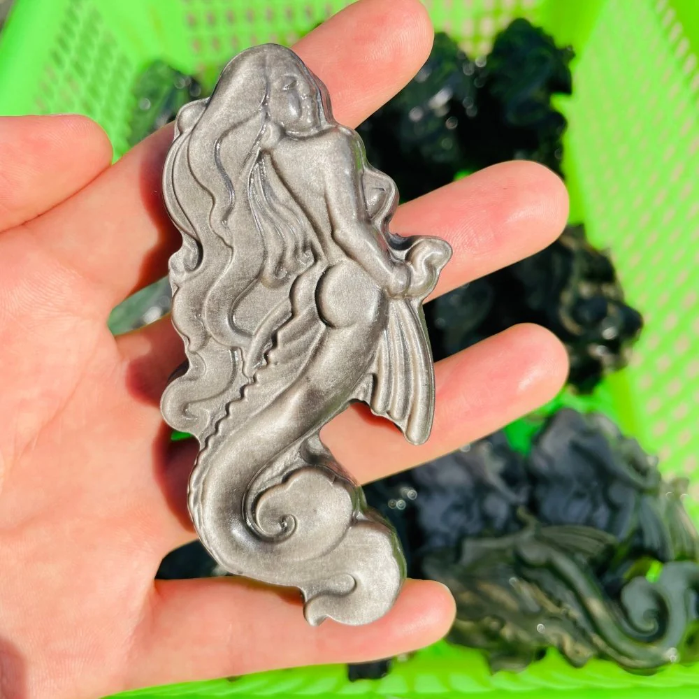 Gold&Silver Sheen Obsidian Mermaid Carving Wholesale - Image 2