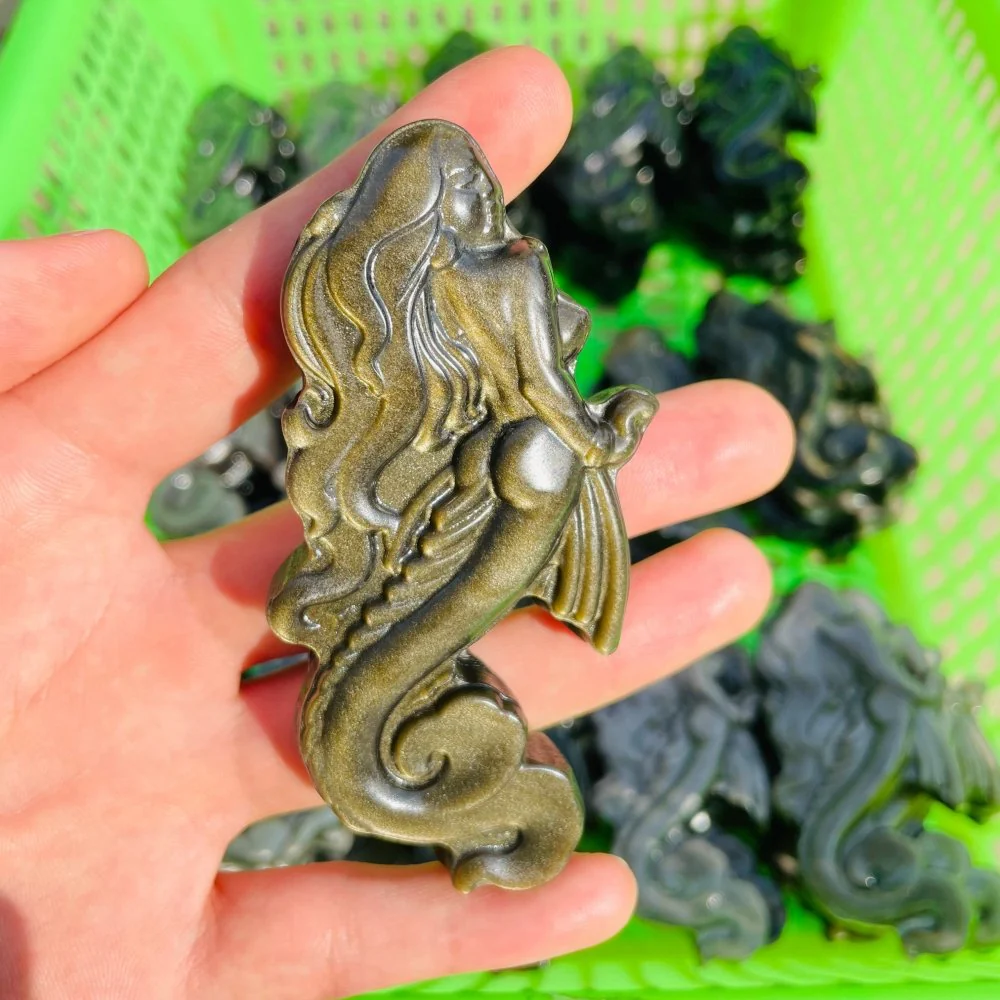 Gold&Silver Sheen Obsidian Mermaid Carving Wholesale - Image 3