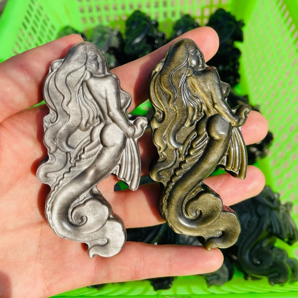 Gold&Silver Sheen Obsidian Mermaid Carving Wholesale - Image 4