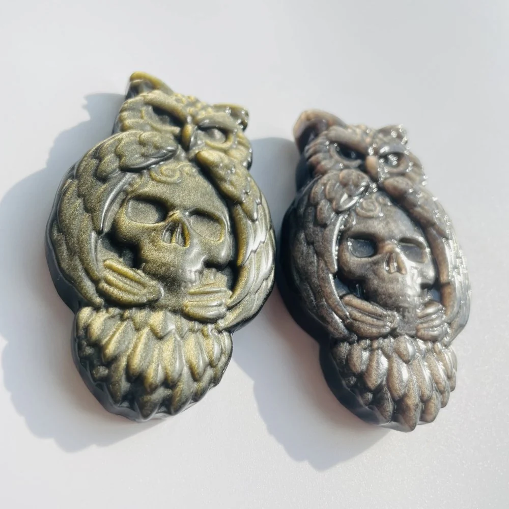 Gold&Silver Sheen Obsidian Owl Skull Carving Wholesale - Image 3
