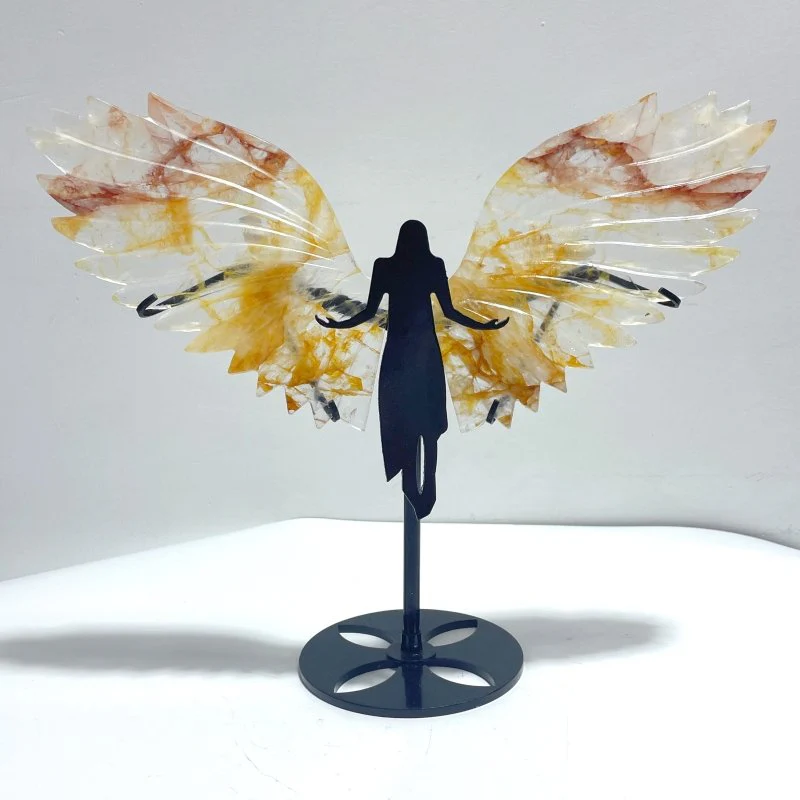 Golden Hematoid Quartz Fire Quartz Angel Carving Wing With Stand