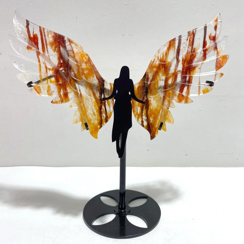 Fire Quartz Angel Wing Carving With Stand