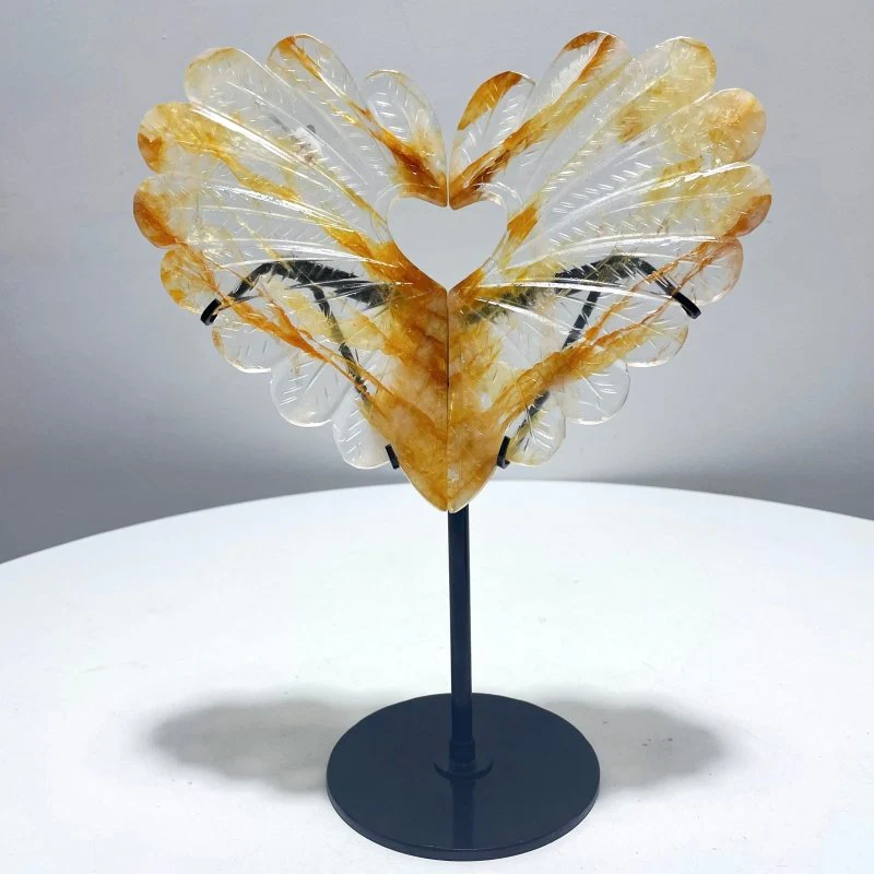 Golden Hematoid Quartz Heart Wing Carving With Stand