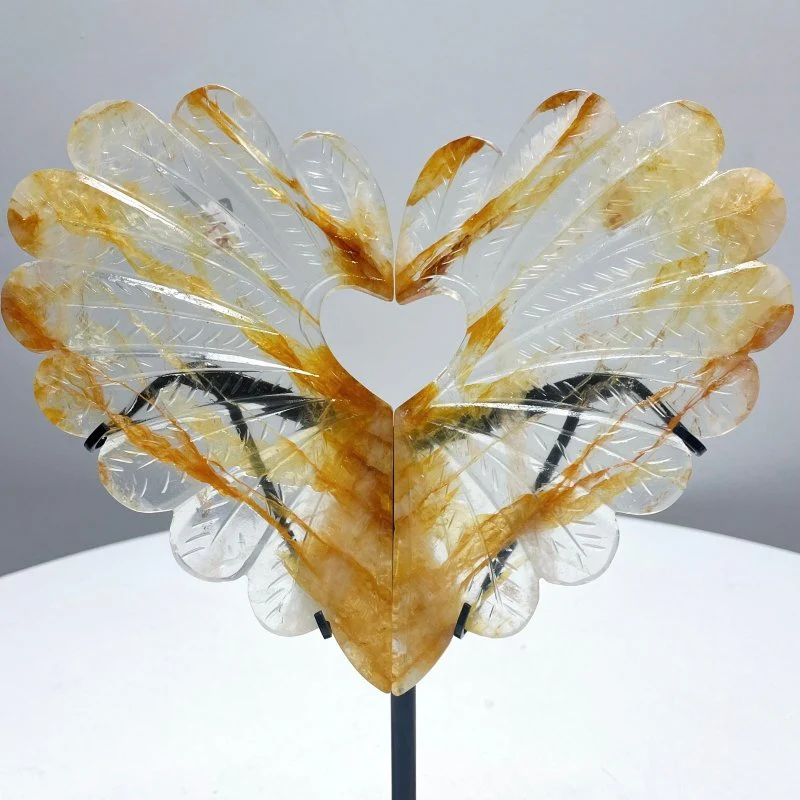 Golden Hematoid Quartz Heart Wing Carving With Stand - Image 2