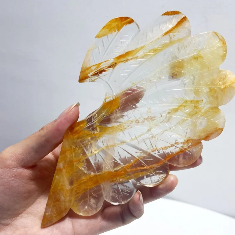 Golden Hematoid Quartz Heart Wing Carving With Stand - Image 4