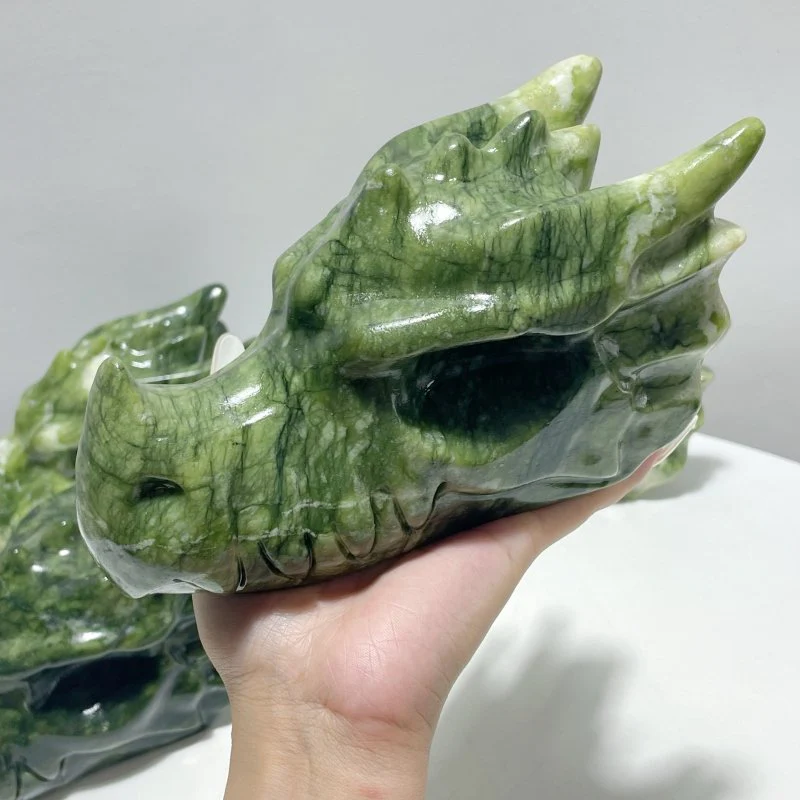 Large Green Jade Serpentine Dragon Head Carving Wholesale - Image 3