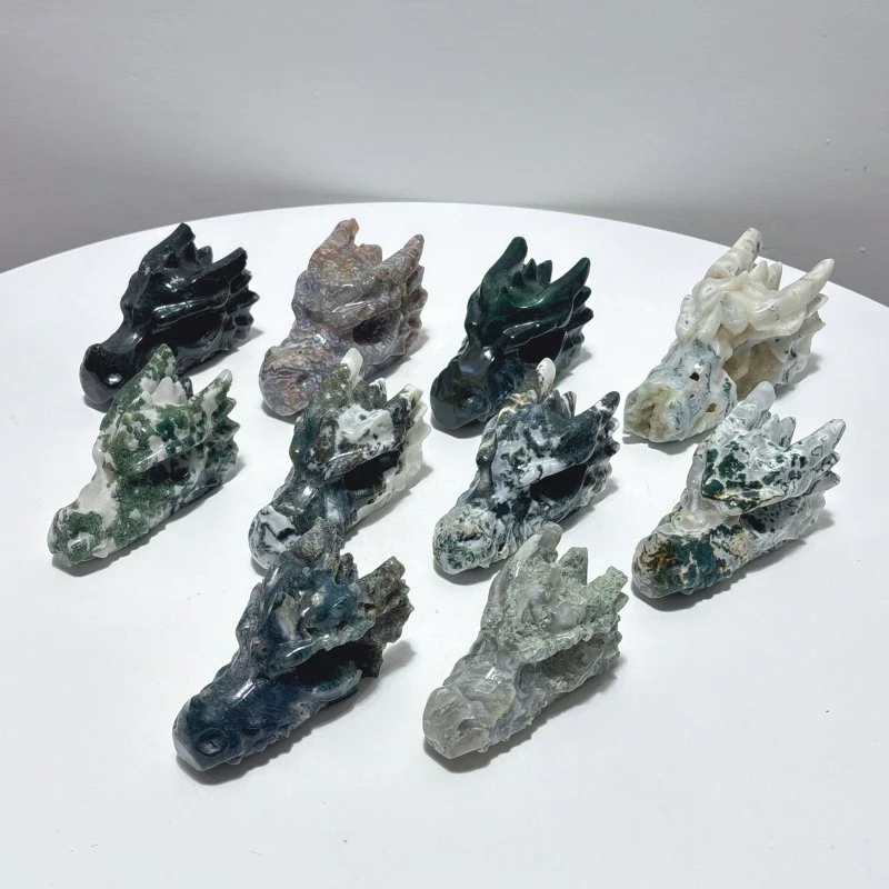 10 Pieces Moss Agate Dragon Head Carving