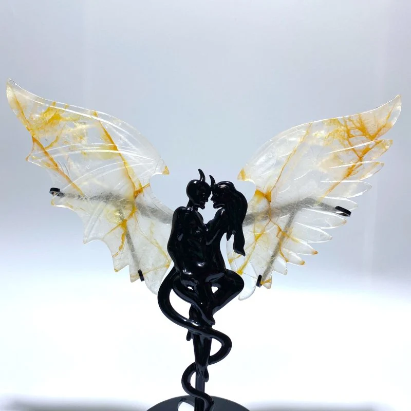 Hematoid Quartz Golden Fire Quartz Demon And Angel Wing Carving With Stand - Image 2