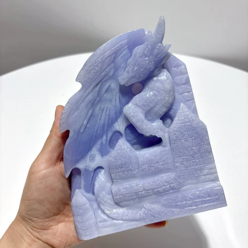 High Quality Blue Lace Agate Dragon Castle Carving - Image 4
