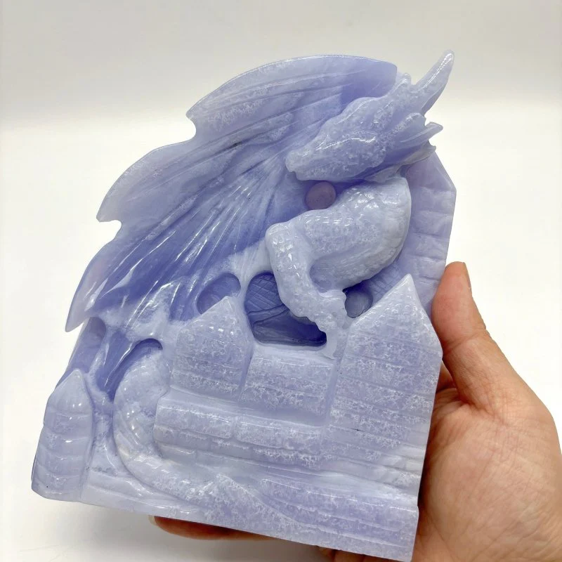 High Quality Blue Lace Agate Dragon Castle Carving - Image 6