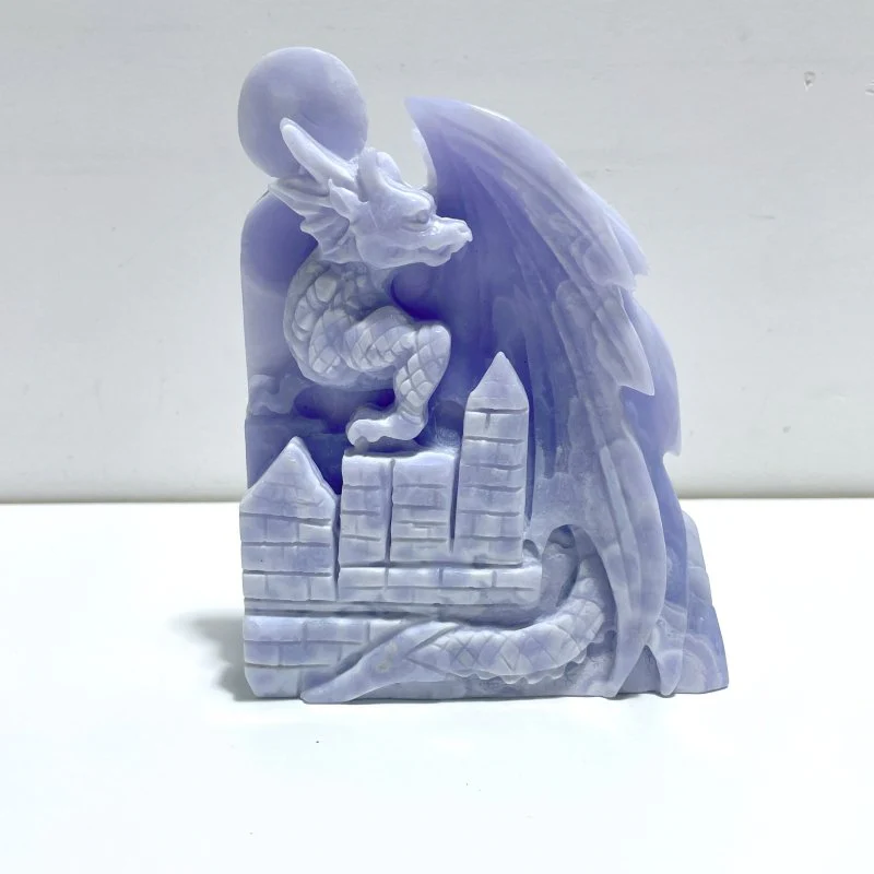 High Quality Blue Lace Agate Flying Dragon Castle Carving