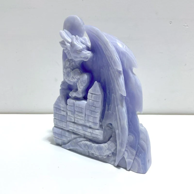 High Quality Blue Lace Agate Flying Dragon Castle Carving - Image 2