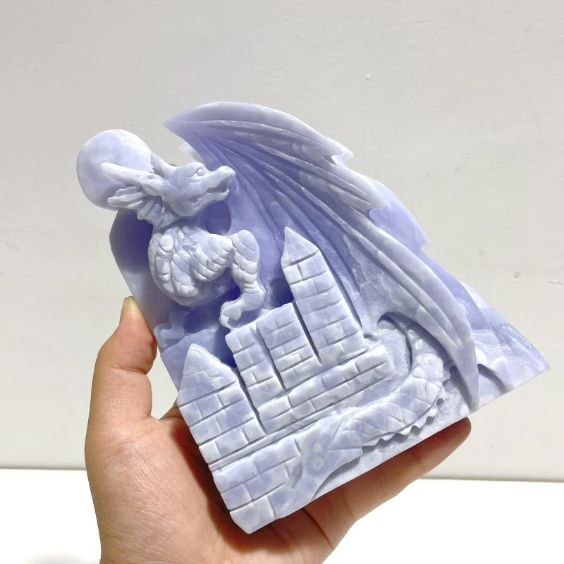 High Quality Blue Lace Agate Flying Dragon Castle Carving - Image 3