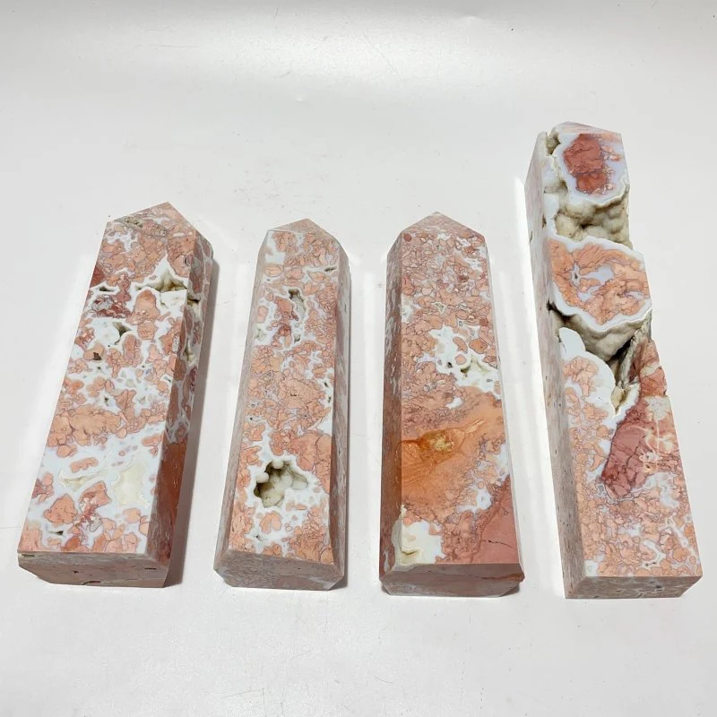4 Pieces High Quality Druzy Geode Pink Flower Agate Four-sided Tower 8-11in