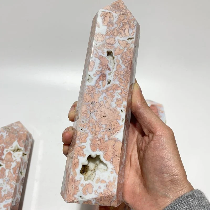4 Pieces High Quality Druzy Geode Pink Flower Agate Four-sided Tower 8-11in - Image 4