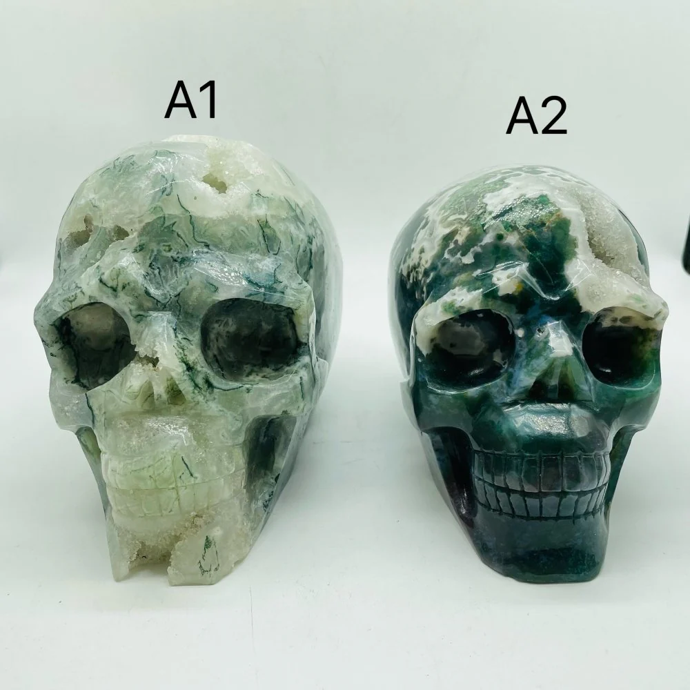2 Pieces High Quality Large Druzy Moss Agate Skull Carving - Image 2