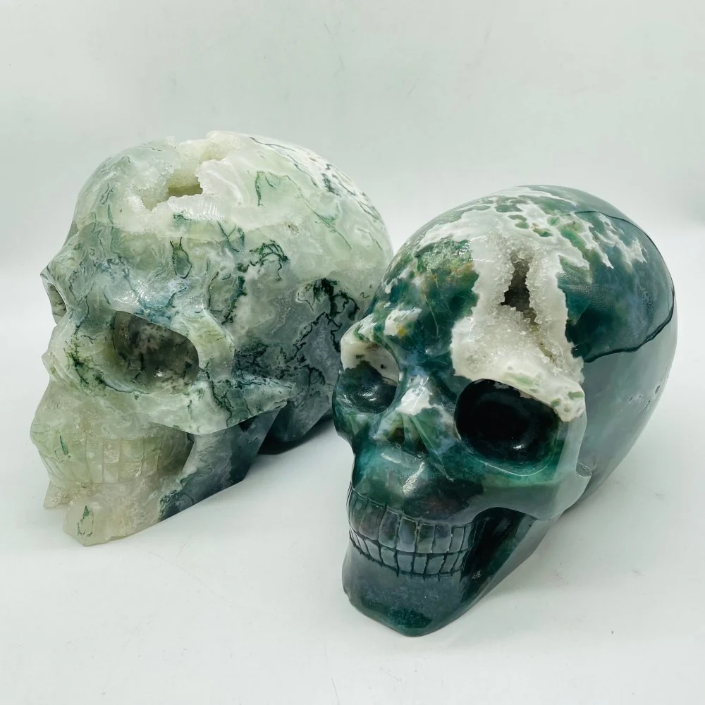 2 Pieces High Quality Large Druzy Moss Agate Skull Carving - Image 3