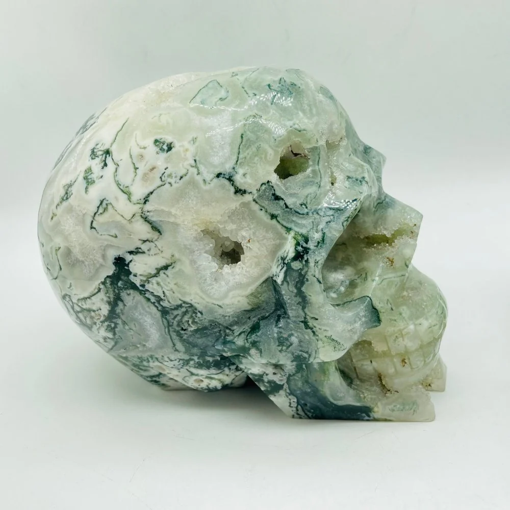 2 Pieces High Quality Large Druzy Moss Agate Skull Carving - Image 4